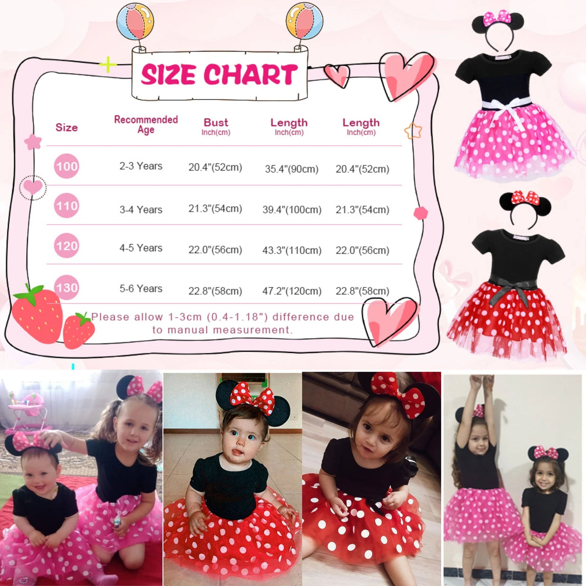 Minnie Mouse Costume Girls Dress up Princess Toddler Cute Polka Dots Fancy Minnie Mouse Dresses up Bowknot Tutu Tulle Cosplay Birthday Party Baby Girl Costume Red with Headband 120 CM