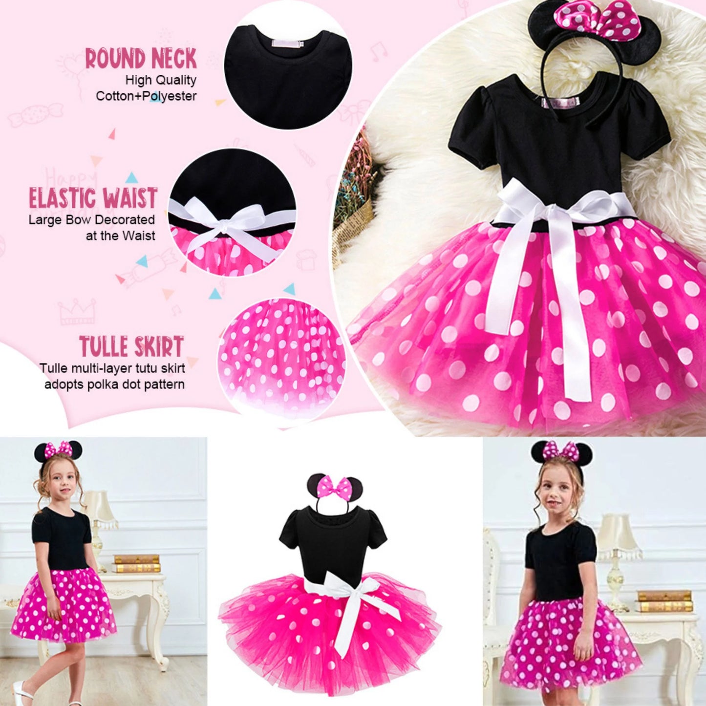 Minnie Mouse Costume Girls Dress up Princess Toddler Cute Polka Dots Fancy Minnie Mouse Dresses up Bowknot Tutu Tulle Cosplay Birthday Party Baby Girl Costume Red with Headband 120 CM