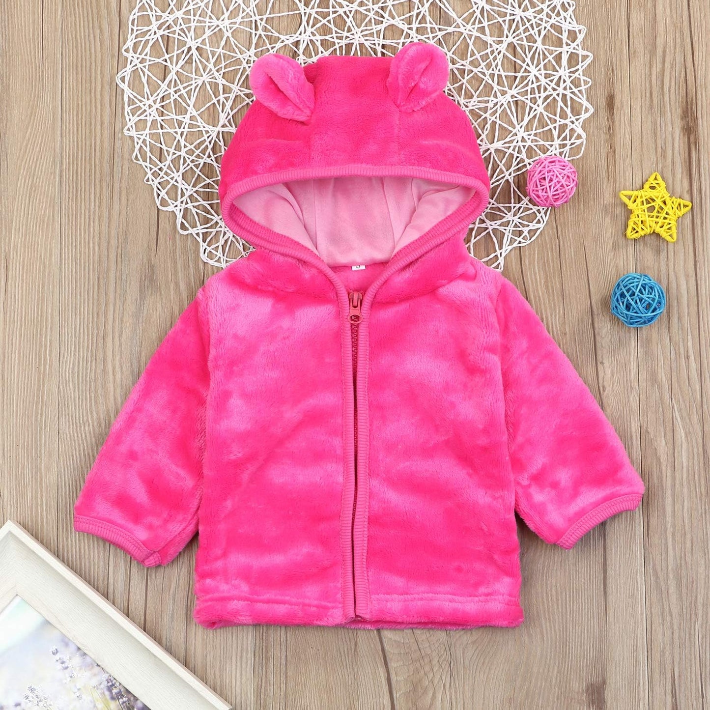 Infant Baby Boys Girls Fleece Ears Hat with Lined Hooded Zipper up Jacket Coat Tops Outwear Overcoat Warm Fall Winte