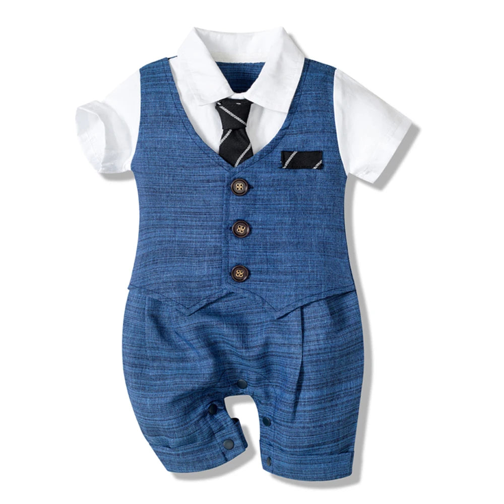 Summer Baby Romper Suit Newborn Boys Formal Clothing Cotton Children Hat + Jumpsuit + Shoes + Socks 4 Pieces Outfit Blue Costume